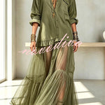 Retro-style Faux Denim Long Sleeve Pocket Tulle Hem Shirt Maxi Dress