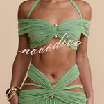 Martina Stretch Mesh Gold Metal Detail Gathered Sweetheart Crop Halter Vacation Tank