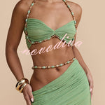 Emara Stretch Mesh Hand Beaded Trim Gathered Sweetheart Crop Halter Vacation Tank
