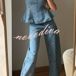 Sweet Casual Denim Cherry Print Princess Seams Flare Vest Top
