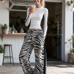 Casual Retro Black And White Color-Blocked Zebra Print Cotton Faux Suede Trim Pants