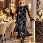 Elegant Lace-Trimmed Black Plaid Lace-Trimmed Velvet Midi Dress