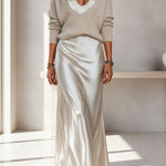 Velma Ribbed Knit V-neck Long Sleeve Relaxed Sweater and Satin Slip Midi Dress