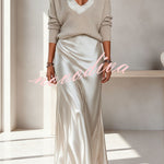 Velma Ribbed Knit V-neck Long Sleeve Relaxed Sweater and Satin Slip Midi Dress