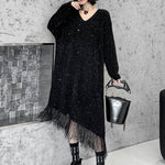Irregularity Long Sleeves Contrast Color Sequined Shiny Split-Joint Tasseled V-Neck Midi Dresses Sweater Dresses