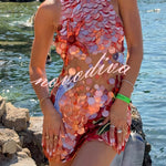 Dorothy Large Sequin Fish and Starfish Embroidery Detail Halter Mini Dress