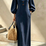 Elegant V-Neck Lantern Sleeve Maxi Dress