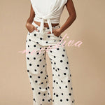 Retro Style Polka Dot Print High Waist Pocketed Wide Leg High Waisted Jeans