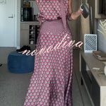 Dalena Satin Art Print High Tie-up Neck Short Sleeve Top and High Rise Maxi Skirt Set