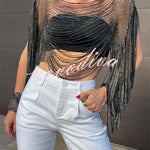 Sparkling Rhinestone Embellished Drape Tassel Batwing Sleeve Loose Crop Cover-up