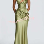 Emina Satin One Shoulder Asymmetrical Neck Cutout Back Lace-up Drape Maxi Dress