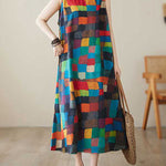 Loose Sleeveless Contrast Color Multi-Colored Plaid Round-Neck Midi Dresses