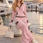 Retro Sporty Pink Velvet Leopard-Trim Hooded Half-Zip Top And Cargo Wide-Leg Pants Set