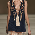 Western Retro Faux Suede Bohemian Style Embroidered Tassel Sleeveless Mini Dress
