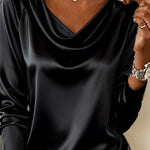 Solid Color Satin Casual Long-sleeved Draped Shirt