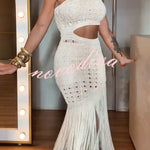 Refresh Style Knit Hollow Out One Shoulder Cutout Waist Tassel Hem Maxi Dress