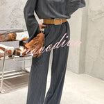 High Level Striped High Neck Long Slit Sleeve Top and Elastic Waist Pocket Loose Pants Set