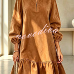 Suede Zipper Neck Long Balloon Sleeve Ruffle Hem Mini Dress