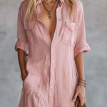 Casual Retro Western V-neck Front Button Short Sleeve Pink Cotton Linen Shirt Maxi Dress