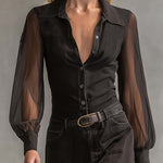 Vintage Western Front Button V-Neck Transparent Long Sleeve Black Denim Maxi Dress