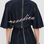 Next Vacation Denim Mock Neck Short Flutter Sleeves Crop Top