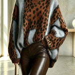 Retro-chic Knit Leopard Print Patchwork High Neck Long Sleeve Loose Sweater