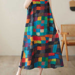 Loose Sleeveless Contrast Color Multi-Colored Plaid Round-Neck Midi Dresses