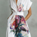Fashionable Art Print Collared Short Sleeve Casual Pocket Midi Dress