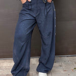 Kadence Denim Side Metal Hollow Ring Detail Pocket Lantern Pants