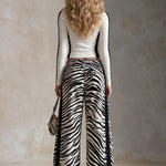 Casual Retro Black And White Color-Blocked Zebra Print Cotton Faux Suede Trim Pants