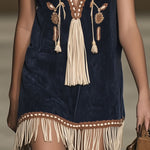 Western Retro Faux Suede Bohemian Style Embroidered Tassel Sleeveless Mini Dress
