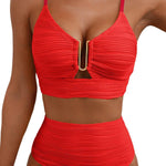 Solid Color V-neck Hollowed-out Pleated High Waist Stretch Two-Piece Bikini Swimsuit