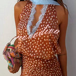 Stunning Fawn Print Contrast Color Satin Lace Trim Neck Strap Loose Tank