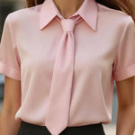 Solid Color Collared Tie Short-sleeved Casual Shirt