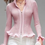 Pink Stand-up Collar Zipper Ruffled Mesh Knit Cardigan