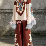 Bohemian Dreams Unique Print High Neck Feather Trim Bell Sleeve Top