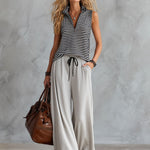 Casual Sporty Retro Half-Zip Black and White Striped Sleeveless Top