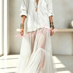 Retro-style Faux Denim Long Sleeve Pocket Tulle Hem Shirt Maxi Dress