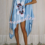 Luisa Satin Floral Print Pleated High-neck Batwing Cutout Sleeve Loose Mini Dress