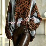 Retro-chic Knit Leopard Print Patchwork High Neck Long Sleeve Loose Sweater