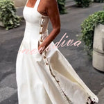 Viki Linen Blend Square Neck Wide Strap Side Button Pocket Tassel Trim Midi Dress