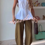 Devon Lapel Button Up Sleeveless Pleated Waist Flare Hem Shirt
