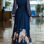 Floral Print Patchwork Mesh Long-sleeved V-neck Fitted Waist Maxi Dress
