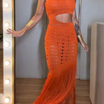 Refresh Style Knit Hollow Out One Shoulder Cutout Waist Tassel Hem Maxi Dress