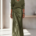 Velma Ribbed Knit V-neck Long Sleeve Relaxed Sweater and Satin Slip Midi Dress