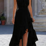 Solid Color Halter Neck Fitted Waist Irregular Ruffle Maxi Dress