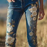 3D Floral Print Pocket Casual Jeans