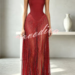 Hot, Sexy Babe Solid Color Off Shoulder Tassel Hem Maxi Dress