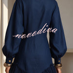 Stand Collar Double Gold Buttons Long Lantern Sleeve Lace Hem Loose Mini Dress
