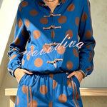 Napoleon Colorblock Polka Dot Zipper High Neck Chinese Style Buttons Pocket Sporty Jacket